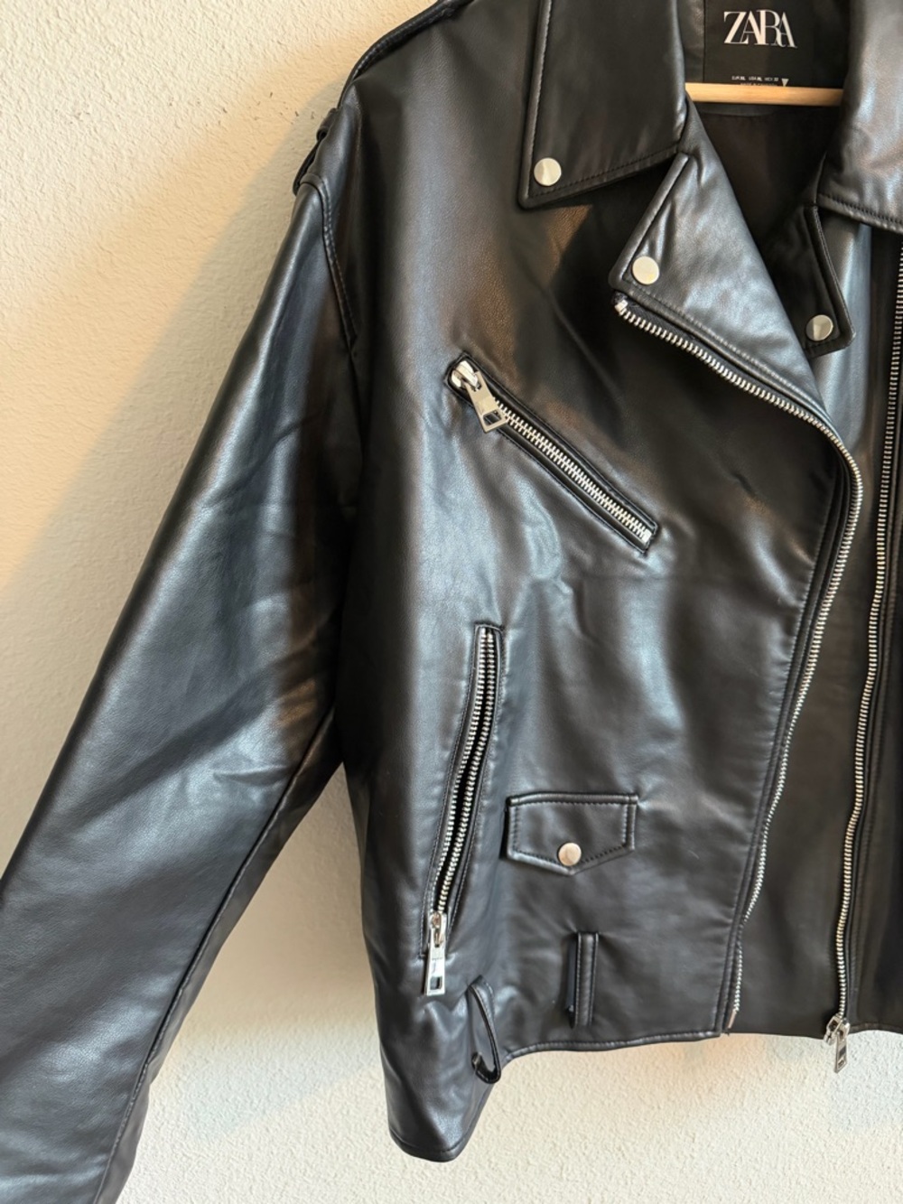 ZARA Black Faux Leather Biker Jacket with Silver Hardware - Picture 3 of 5